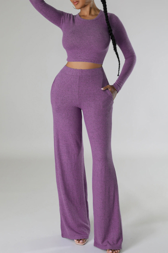 Purple Casual Solid Patchwork Pocket O Neck Long Sleeve Two Pieces