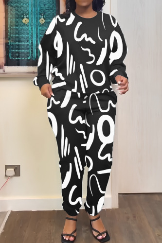 Black White Casual Print Basic O Neck Long Sleeve Two Pieces