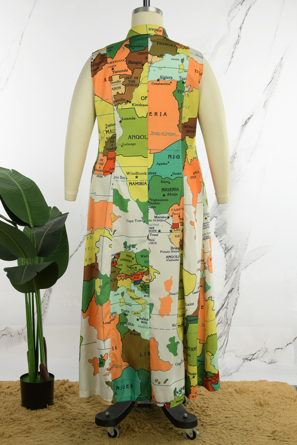 Wholesale Green Casual Print Buttons Turndown Collar Long Dress Plus ...