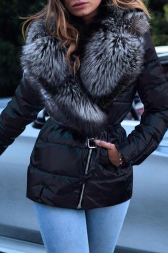 Black Casual Solid Patchwork Cardigan Zipper V Neck Outerwear