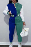 Turquoise Casual Elegant Color Block Patchwork Pocket Buckle O Neck Long Sleeve Two Pieces