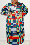 Red Casual Print Patchwork Buckle With Belt Pleated Turndown Collar A Line Plus Size Dresses（Belt Included）