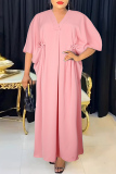 Pink Casual Solid Patchwork V Neck Long Dress Plus Size Dresses
