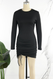 Black Casual Solid Draw String Frenulum O Neck Long Sleeve Dresses