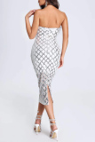 Silver Sexy Patchwork Hollowed Out Feathers Backless Strapless One Step Skirt Dresses