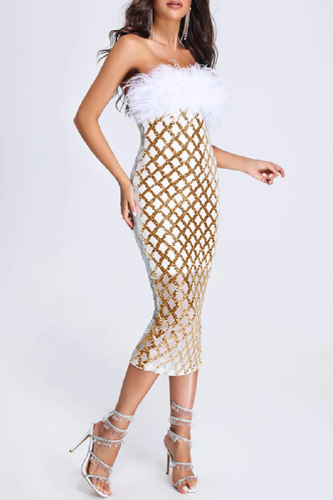 Gold Sexy Patchwork Hollowed Out Feathers Backless Strapless One Step Skirt Dresses
