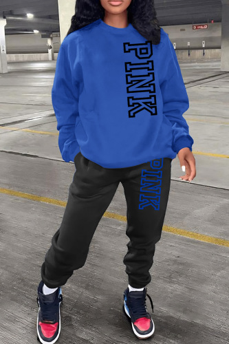 Blue Casual Letter Print Basic O Neck Long Sleeve Two Pieces
