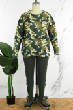 Green Casual Camouflage Print Basic O Neck Plus Size Two Pieces