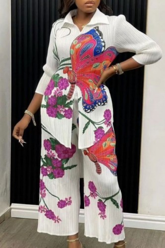 White Casual Butterfly Print Patchwork Turndown Collar Three Quarter Two Pieces