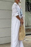 White Casual Solid Hollowed Out Patchwork Buckle Turndown Collar Shirt Dress Dresses