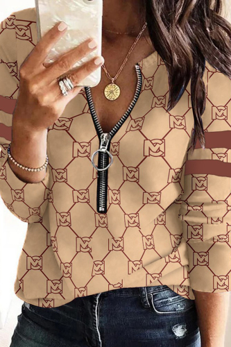 Light Brown Casual Print Patchwork Zipper O Neck Plus Size Tops