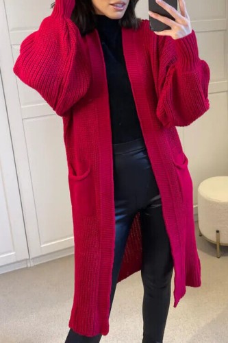 Burgundy Casual Solid Cardigan Outerwear