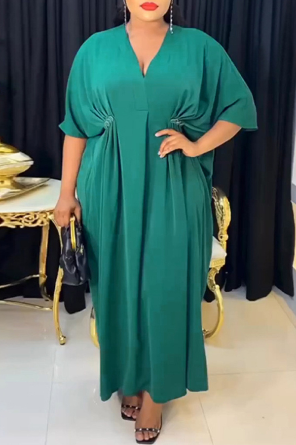 Green Casual Solid Patchwork V Neck Long Dress Plus Size Dresses