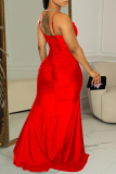 Red Sexy Solid See-through Backless Slit Spaghetti Strap Long Dress Dresses