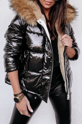 Black Casual Solid Patchwork Zipper Hooded Collar Outerwear