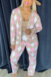 Pink Casual Patchwork Cardigan Pants V Neck Long Sleeve Two Pieces