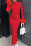 Red Casual Solid Patchwork Half A Turtleneck Long Dress Dresses