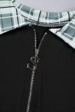 Black Casual Plaid Patchwork Zipper Turndown Collar Skinny Jumpsuits
