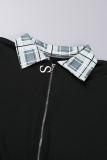 Black Casual Plaid Patchwork Zipper Turndown Collar Skinny Jumpsuits
