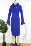 Royal Blue Elegant Solid Patchwork Zipper O Neck Wrapped Skirt Dresses（With A Brooch）