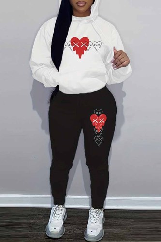 Black And White Casual Print Patchwork Hooded Collar Long Sleeve Two Pieces