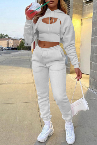 Light Gray Casual Solid Hollowed Out Hooded Collar Long Sleeve Three Piece Set