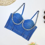 The cowboy blue Sexy Solid Patchwork Backless Beading Rhinestone Spaghetti Strap Tops