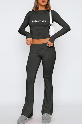 Black Casual Letter Print Basic O Neck Long Sleeve Two Pieces