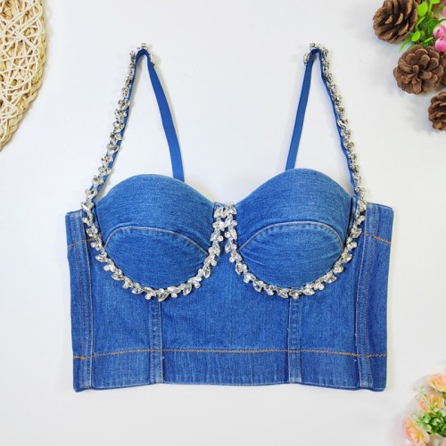 The cowboy blue Sexy Solid Patchwork Backless Beading Rhinestone Spaghetti Strap Tops