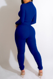 Royal Blue Casual Solid Fold Zipper Collar Skinny Jumpsuits