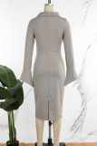 Light Gray Elegant Solid Patchwork Zipper O Neck Wrapped Skirt Dresses（With A Brooch）