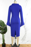 Royal Blue Elegant Solid Patchwork Zipper O Neck Wrapped Skirt Dresses（With A Brooch）