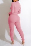 Pink Casual Solid Fold Zipper Collar Skinny Jumpsuits