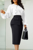 White Elegant Patchwork Patchwork Pocket Buckle O Neck Long Sleeve Two Pieces