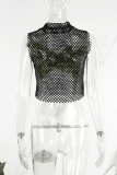 Green Casual Letter Print Hollowed Out Patchwork Half A Turtleneck Tops