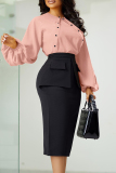 Pink Elegant Patchwork Patchwork Pocket Buckle O Neck Long Sleeve Two Pieces