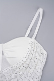 White Sexy Patchwork Hot Drilling Backless Spaghetti Strap Sleeveless Two Pieces