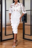 White Casual Solid Patchwork See-through Turndown Collar Half Sleeve Two Pieces