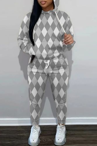 Grey Casual Print Basic Hooded Collar Long Sleeve Two Pieces