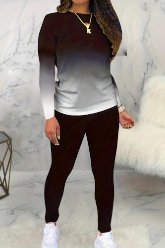 Black Casual Gradual Change Print Basic O Neck Plus Size Two Pieces