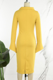 Yellow Elegant Solid Patchwork Zipper O Neck Wrapped Skirt Dresses（With A Brooch）