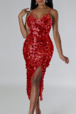 Red Sexy Elegant Solid Sequins Patchwork High Opening Zipper Spaghetti Strap Evening Dress Dresses