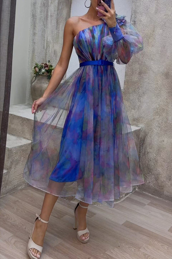 Blue Elegant Gradual Change Patchwork Oblique Collar Evening Dress Dresses