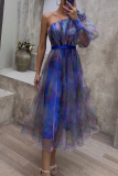 Blue Elegant Gradual Change Patchwork Oblique Collar Evening Dress Dresses