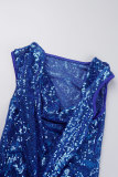 Color Blue Sexy Casual Patchwork Sequins Slit Turtleneck Long Sleeve Two Pieces