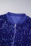 Red Street Solid Sequins Patchwork Draw String Zipper O Neck Long Sleeve Two Pieces