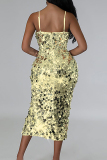 Yellow Sexy Elegant Solid Sequins Patchwork High Opening Zipper Spaghetti Strap Evening Dress Dresses