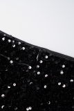 Black Casual Patchwork Tassel Sequins Skinny High Waist Conventional Patchwork Skirt