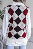 Khaki Casual Plaid Geometric Contrast V Neck Tops Sweater