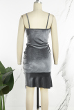 Dark Gray Sexy Solid Patchwork Draw String Spaghetti Strap Wrapped Skirt Dresses